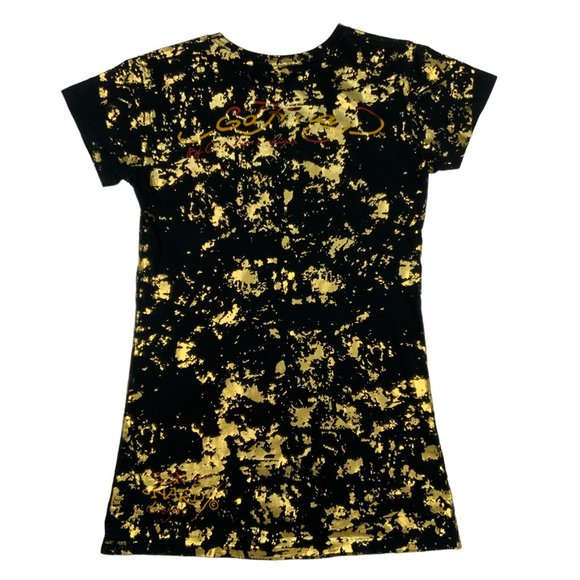 Ed Hardy NWT Rare Gold Fleck Sketch T-Shirt L Black Butterfly Skull t-shirt - Picture 10 of 11